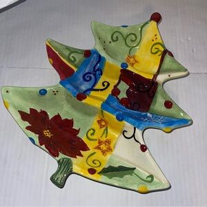 CORSICA Holiday Quilt Christmas Tree Shaped Divided Serving Dish Tray Platter